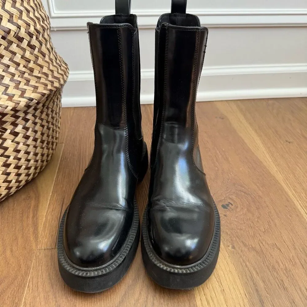 Zara Faux Patent Leather Chelsea Boots Black Block Heel 38 7.5